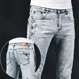 Slim Skinny Jeans Men New Elastic Korean Design Fashion Multi-Button Blue White Vintage Wash Cotton Stretch Denim Pants Trousers