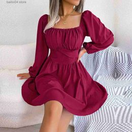 Basic Casual Dresses F 2023 New Women Spring Summer Square Neck Casual Solid Color Wood Ear Edge High Waist Big Swing Dress For Fashion T230928