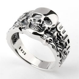 Real 925 Sterling Silver Skull Ring Skeleton European Punk Cool Street Style for Men Fashion Jewelry342L