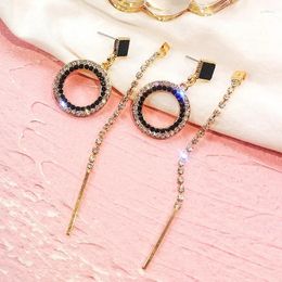 Charm Earrings 2023 Fashion Black Crystal Round Hoop Gold Colour Long Rhinestone Tassel For Women Wedding Jewellery