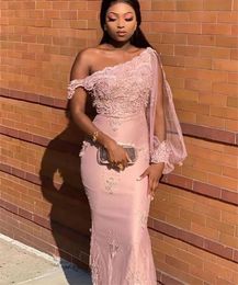 Evening Dresses Pink Prom Party Gown Applique Formal One-Shoulder Mermaid Long Sleeve Lace Tulle Custom Zipper Lace Up Plus Size New