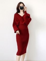 Work Dresses Skirt Sets Women 2 Piece Outfit 2023 Autumn/Winter Fashion Bat Sleeve Sweater Long Hip Temperament Knitted Dress