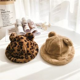 Wide Brim Hats Bucket Hats Leopard Faux Fur Bucket Baby Hat Solid Colour Plush Fisherman Kid Cap With Ear Winter Warm Infant Panama For Baby Girl Boy 230927