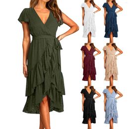 Casual Dresses Personality Solid Colour V Neck Sexy Dress Simple And Exquisite Summer For Women With Pockets Tee Shirt Knee Length