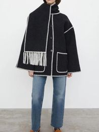 Womens Wool Blends Women Fringe Scarf Collar Coat Doublesided Woollen Single Breasted Autumn Winter Loose Embroidery Trim Female Casual Jacket 230927