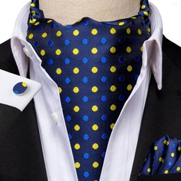 Bow Ties Hi-Tie Silk Blue Yellow Dots Mens Ascot Tie Hanky Cufflinks Set Jacquard Woven Self Cravat For Male Groomsmen Wedding Business