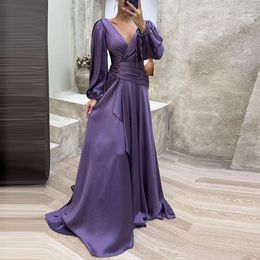 Casual Dresses Cocktail Full Length Women Hem Maxi Dress Luxury Female V-neck Waist Party Elegant Lantern Sleeve Ruffle Satin