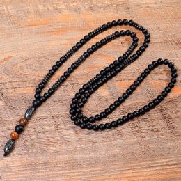 Natural Black Hematite Carving Bead Necklace Black Buddha Lava Mala Stone Wood Rosary Beads Pendant277M