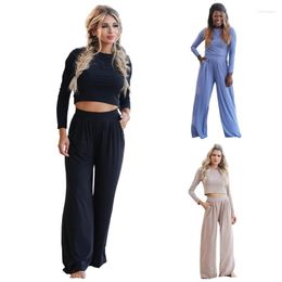 Women's Two Piece Pants 2 Outfits Casual Long Sleeve Crop Tops Shirt Wide Leg Drop