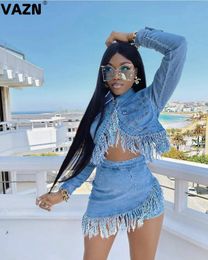 Two Piece Dress VAZN Blue Tassel Women Casual Shinny Solid Outfit Two Pieces Set Full Sleeve O-neck Short Skirt Elegant Sets 230927