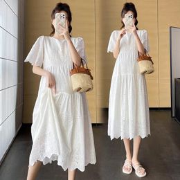 Maternity Dresses Hollow Out Embroidery Maternity Dress Summer Clothes For Pregnant Women 2023 Elegant White Oneck Loose Pregnancy Dresses 230927