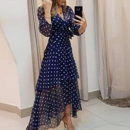 Casual Dresses Dot Print Layered Ruffles Maxi Dress V Neck Long Sleeve For Mom Holiday Fashion Slim Ladies Robes Spring Autumn