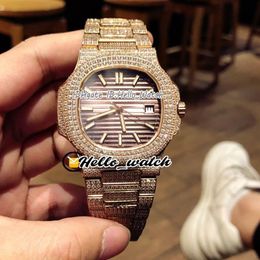 New 5711 5711 1A Brown Texture Dial Miyota Automatic Mens Watch Rose Gold Fully Iced Out Diamond Bracelet Sport Watches HWPP Hello264T