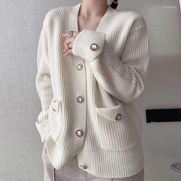 Women's Sweaters 2023 Autumn Winter Korean Fashion Young Style Elegant Solid V-neck Single Breasted Pockets Cardigans