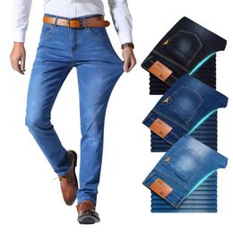 Mens Jeans Brother Wang Classic Style Men Brand Business Casual Stretch Slim Denim Pants Light Blue Black Trousers Male 230927