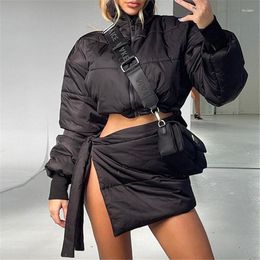 Work Dresses High Quality Cotton Padded Two-piece Female Winter Suits Look 2023 Neck Zip Short Jacket Irregular Lacing Wrap Skirt