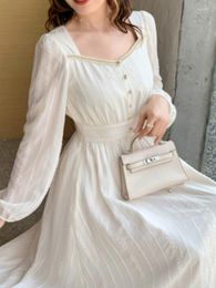 Casual Dresses French Square Collar Chiffon Maxi Dress Elegant Women Single Breasted Button High Waist One Piece Korean