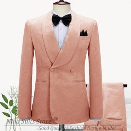 Men's Suits Gwenhwyfar Luxury Pink Paisley Tuxedo Double Breasted Blazer Men Jacquard Suit Tuxedos Wedding ( Jacket Pants)