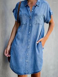 Party Dresses Women Fashion Blue Denim Short Sleeve Button Mini Dress 2023 Summer Turn-down Collar Casual Loose Pocket Jean Female