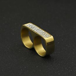 Men 18k Gold Plating Round Wedding Ring Retro Silver rhinestone Two Finger Double steel Size 6-153014