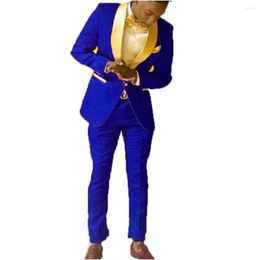 Men's Suits Blue Costume Homme Groom Tuxedos Shawl Gold Lapel Men 2 Pieces Wedding Bridegroom Terno Masculino (Jacket Pants)
