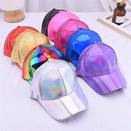 Ball Caps Women Men Faux Leather Baseball Cap Glitter Metallic Holographic Rainbow Reflective Hip Hop Adjustable Strapback Peaked Hat 230927