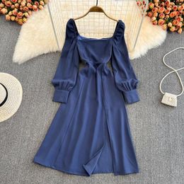 Casual Dresses Gentle Wind Bubble Sleeve Square Neck A-line Dress Elegant Waist Closing Thin Temperament Long Split Spring