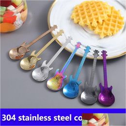 Spoons Creative 304 Stainless Steel Small Coffee Guitar Violin Shape Dessert Spoon Stirring Lovely Titanium Plated Ice Scoop Drop De Dh7Sk