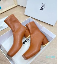 Chunky Heel Ankle Boot Split Toe Fashion high-quality Cream Silvery Leather Martin Dress Booties