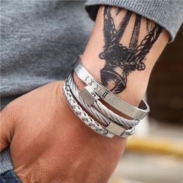 3pcs Set Roman Numeral Mens Bracelets Stainless Steel Hemp Rope Buckle Open Punk Bangles Gold Pulseira Bileklik Bracelet Jewelry244V