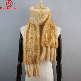 Scarves Long Style Women Real Mink Fur Scarf Genuine Ring Scarfs Warm Soft Quality Knitted Shawl 230928