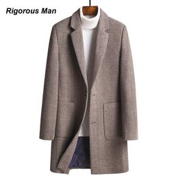 Men's Wool Blends Brand Top Grade Business Long Coat For Men Winter Solid Colour Padded Cotton Woollen Man Trench Youth Korean Clothing 230927