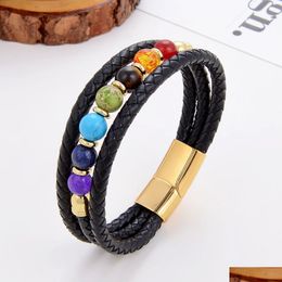 Charm Bracelets Natural Tiger Eye Beads 7 Chakra Bracelet Leather Rope Chain Yoga Healing Nce Mothers Day Jewellery Wholesale 230216 Dro Dh59Q