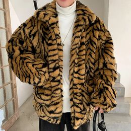 Men's Fur Faux Fur Faux Fur Coat For Men Turn-down Collar Tiger Leopard Imitate Fur Jacket Thick Winter Warm Fluffy Plush Loose Jumper Outwear 230927