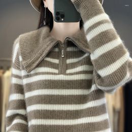 Women's Sweaters 2023 Navy Neck Sweater Wool Knitwear Striped Zipper Warm Top Fashion Long Sleeve Soft Woollen Boutique