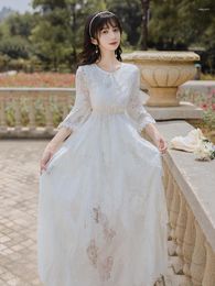 Casual Dresses Bohimian Style Luxury White Long Dress For Elegant Lady Flare Sleeve Lace Up Embroidery Hollow Out Holiday Beach Vestido