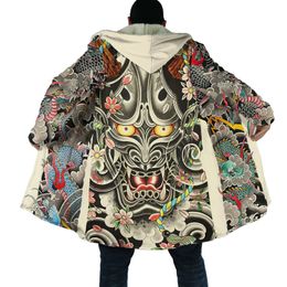 Men's Wool Blends 2023 Winter Fashion Mens cloak Samurai Oni Mask Tattoo 3D Printing Thick Fleece Hood Unisex Casual Warm Cape coat 230927