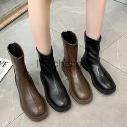 Boots 2021 Fall New Boots for Women Fashion Medium Tube Leather Stitching Ladies Boots Korean Fashion Solid Women Boots Shoes Woman x0928