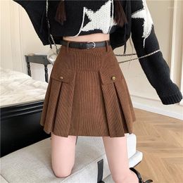 Skirts Autumn Winter Corduroy Womens Vintage Buttons High Wasit A-line Mini Pleated Skirt Korean Woman Cute Short