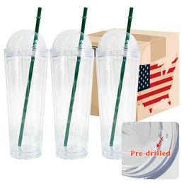 Reusable clear transparent cold cup dome lid 24oz double wall clear plastic acrylic pre drilled Tumbler Drink Cups with lids and straws suitable for vinyl