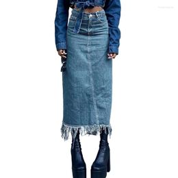 Skirts Xingqing Women Denim Skirt Spring Summer Casual Solid Colour High Waist Long Jeans With Tassel Hem Y2k 2000s Streetwear