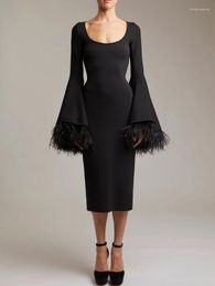 Casual Dresses 2023 Women Sexy Long Flare Sleeve Feather Black Midi Dress Celebrity Elegant Evening Party Club