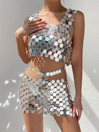 Work Dresses Sliver Bodycon Mini Skirt Sets Sexy See Through Metal Sequin Tank Top Women Backless Crop Club Beach Party Camisole Glitter