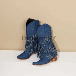 Boots 2023 New Denim Embroidered Tassel Blue Pointed Chunky Mid-heel Thigh-high Boots Women Shoes for Women Boots Women x0928