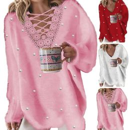 Women's Blouses Women V-neck Sweater Cosy Stylish Fall/winter Plush Beaded Loose Knit Pullover For A Soft Elegant Look