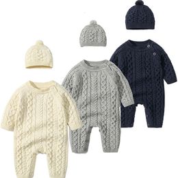 Rompers Baby Rompers Caps Clothes Sets born Girl Boy Knitted Jumpsuits Outfits Autumn Winter Long Sleeve Toddler Infant Overalls 2pcs 230927