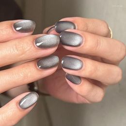 False Nails 24Pcs Cat's Eye Nail Grey Detachable Milky Pink Gradient Wearable Long French Ballerina Fake Press On