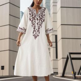 Casual Dresses Women's Vintage Ethnic Style V Neck Embroidery Solid Colours Plus Size Dress Loose Hem Seven Minute Sleeve