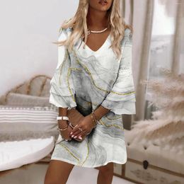 Casual Dresses Fashion Retro Ruffle Sleeve Holiday Dress 2023 Multi Color Printed Rise Marble Print Pullover Vestidos De Mujer