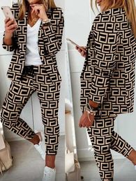 Women's Two Piece Pants 2023 AutumnTwo Piece Sets Womens Geo Print Shawl Collar Blazer Pants Set Outifits Fashion Tracksuits Casual Elegant Female Out T230928